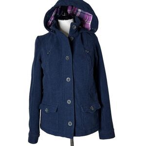 Aeropostale Hooded Pea Coat Women Size‎ M Blue Plaid Lined Wool Blend Jacket